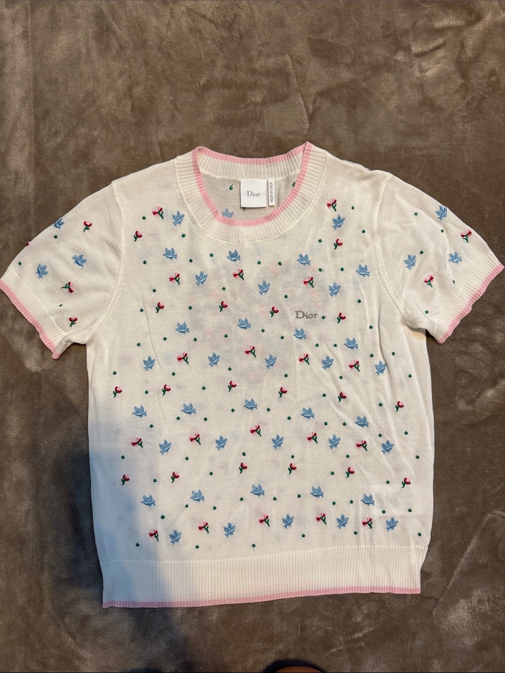 Dior White Short-Sleeve Tee with Pink Trim and Blue Floral Embroidery